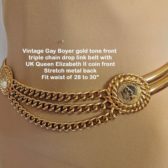 VTG Gay Boyer gold tone metal 3 chain link belt UK Queen Elizabeth II coin side